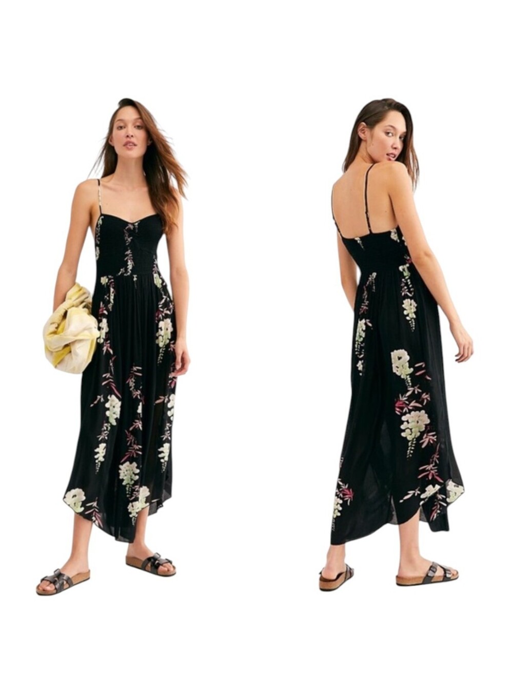 Intimately Free People Beau Smocked Slip Dress Black Floral  Asymmetrical Hem XS